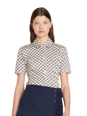 Tory Burch Mercerized Cotton Polo Top Geometric Collared Navy Cream Size Medium